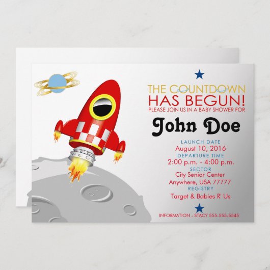 ベビーシャワーの「ロケットの船」5x7の招待状 招待状 (正面/裏面)