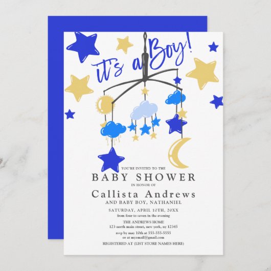 ベビーシャワーをベビームーンスターズでクリブ 招待状 (正面/裏面)