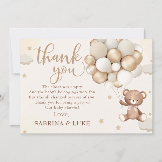 ベビーシャワーを待つテディベアバルーン サンキューカード (正面)