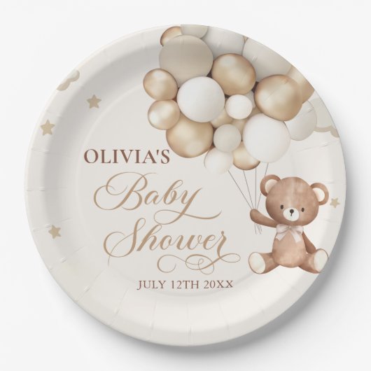 ベビーシャワーを待つテディベアバルーン ペーパープレート (正面)