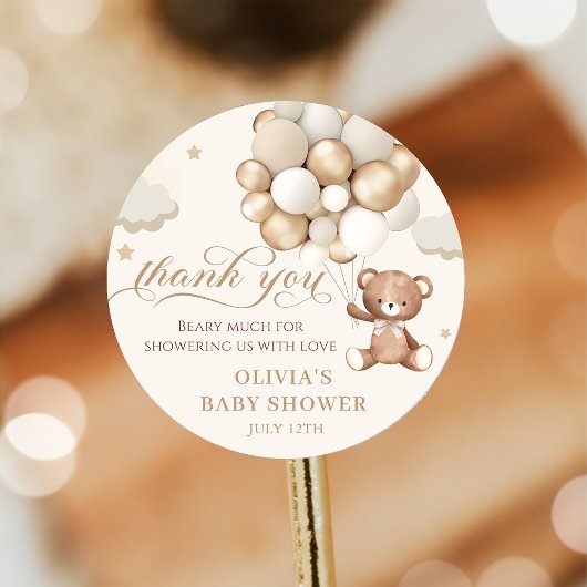 ベビーシャワーを待つテディベアバルーン ラウンドシール