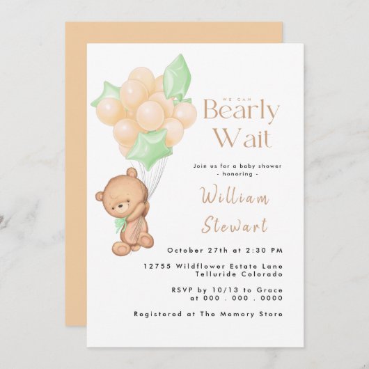 ベビーシャワーを待つテディベアバルーン 招待状 (正面/裏面)