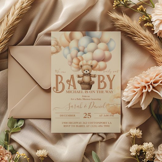 ベビーシャワーを待つテディベア風船 招待状