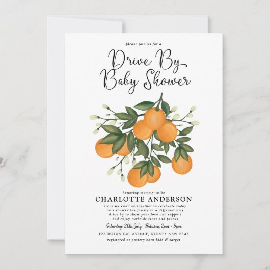 ベビーシャワーを通してミカンキツを運転 招待状 (正面)