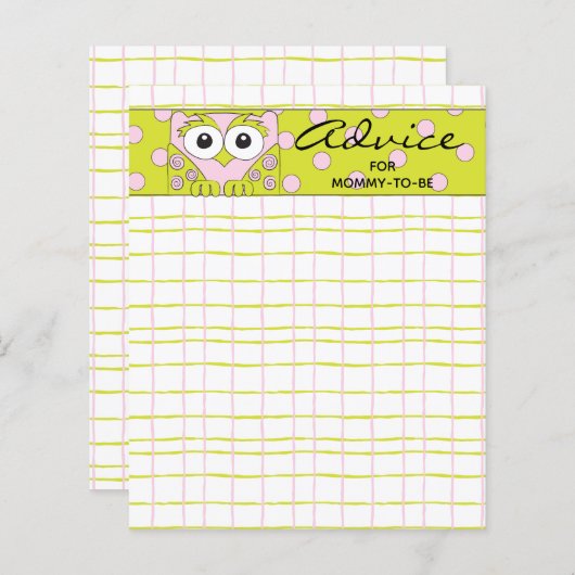 ベビーシャワーアドバイスカード「ピンクグリーンフクロウ」 (正面/裏面)
