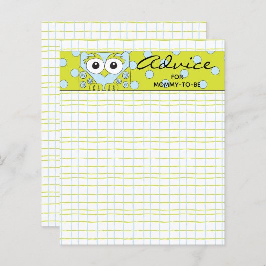 ベビーシャワーアドバイスカード「ブルーグリーンフクロウ」 (正面/裏面)