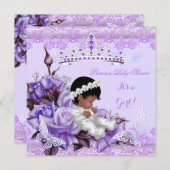 ベビーシャワーアフリカンアメリカンガールバタフライ薄紫 招待状 (正面/裏面)