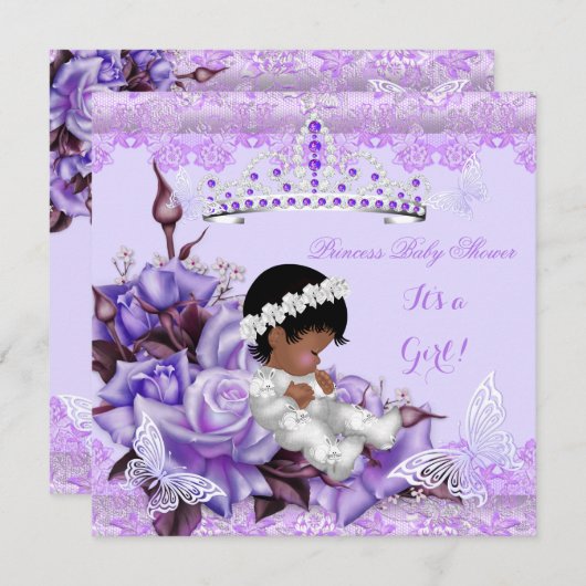 ベビーシャワーアフリカンアメリカンガールバタフライ薄紫 招待状 (正面/裏面)
