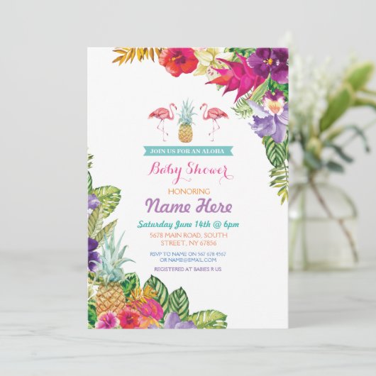ベビーシャワーアロハルアウ(ハワイ式宴会)フラミンゴ招待状 招待状 (スタンド正面)