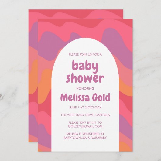 ベビーシャワーアーチグルービーピンク紫ストライプ色カスタム 招待状 (正面/裏面)