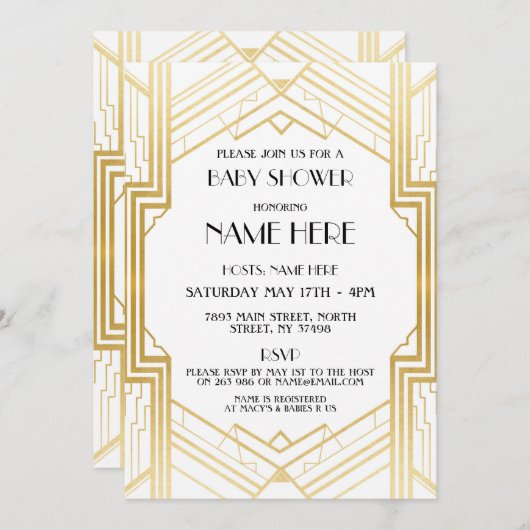 ベビーシャワーアールデコ1920の金ゴールドパーティー招待状20s 招待状 (正面/裏面)