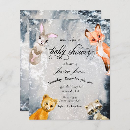 ベビーシャワーウィンターウッドランドアニマルズホリデーインビタ (正面/裏面)