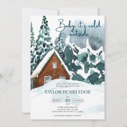 ベビーシャワーウィンタークリスマス外は寒い 招待状 (正面)