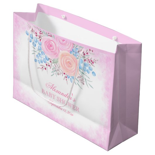 ベビーシャワーウォーターカラーブーケピンクローゼガール ラージペーパーバッグ (正面アングル)