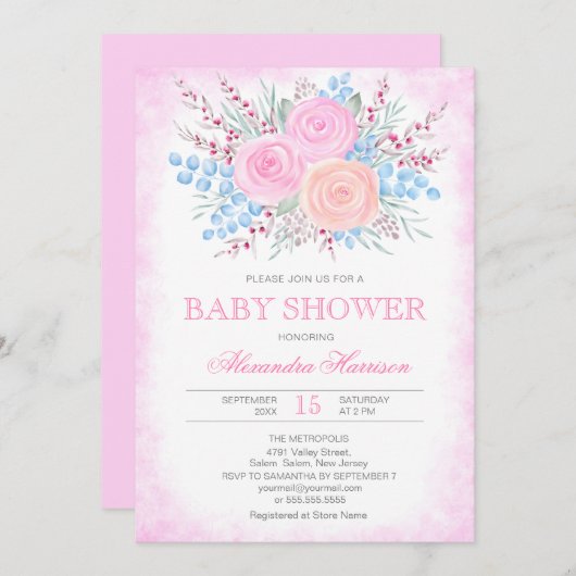 ベビーシャワーウォーターカラーブーケピンクローゼガール 招待状 (正面/裏面)