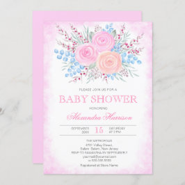 ベビーシャワーウォーターカラーブーケピンクローゼガール 招待状