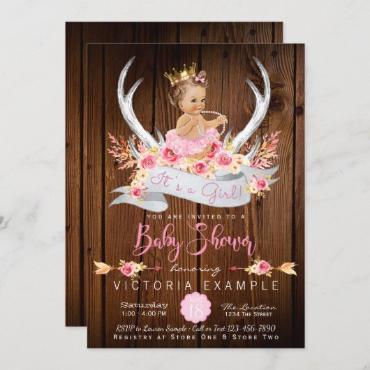 ベビーシャワーウッドア素朴ントラーベビーシャワー 招待状 (正面/裏面)