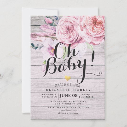 ベビーシャワーエレガントウォーター色フローラ素朴ウッド 招待状 (正面)