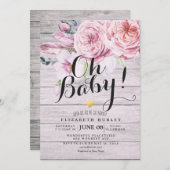 ベビーシャワーエレガントウォーター色フローラ素朴ウッド 招待状 (正面/裏面)