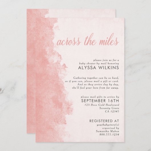 ベビーシャワーエレガントメールインク洗いピンク 招待状 (正面/裏面)