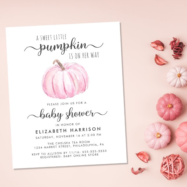 ベビーシャワーカボンプキンピンク水彩招待状 (Celebrate the upcoming arrival of your sweet little autumn baby with a pumpkin-themed baby shower)