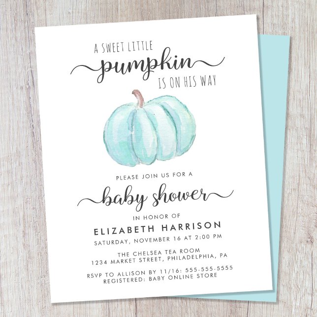 ベビーシャワーカボンプキンブルーウォーターカラー招待状 (Celebrate the upcoming arrival of your little autumn baby boy with a pumpkin-themed baby shower)