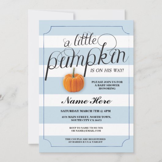 ベビーシャワーカボンプキンブルーボーイストライプ招待状 招待状 (正面)