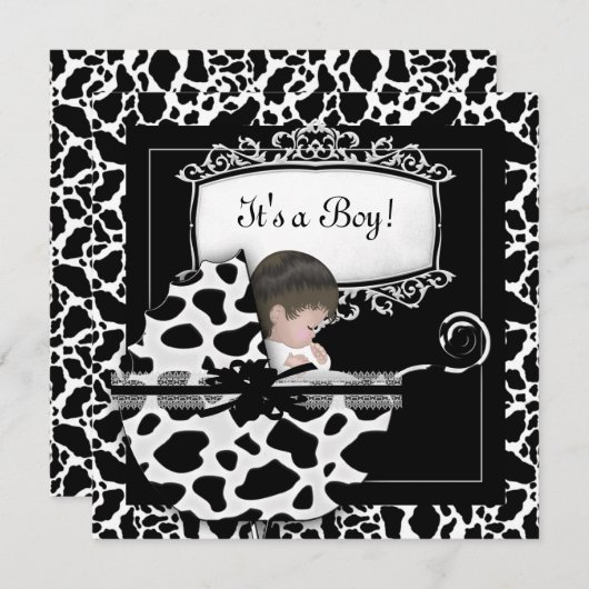 ベビーシャワーカワイイベビープラム牛白黒 招待状 (正面/裏面)