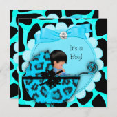 ベビーシャワーカワイイ男の赤ちゃんブルーレオパードPram 招待状 (正面/裏面)