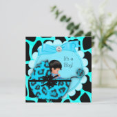 ベビーシャワーカワイイ男の赤ちゃんブルーレオパードPram 招待状 (スタンド正面)