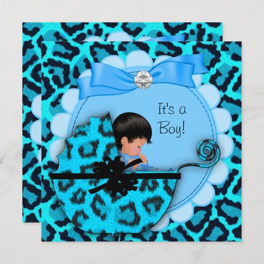 ベビーシャワーカワイイ男の赤ちゃんブルーレオパードPram 招待状 (正面/裏面)
