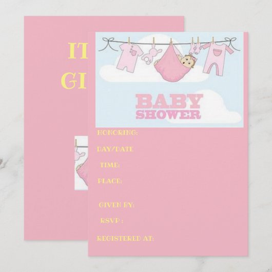 ベビーシャワーカードそれは女の子です 招待状 (正面/裏面)