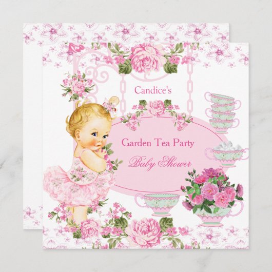 ベビーシャワーガーデンティーレースピンクブロンド 招待状 (正面/裏面)