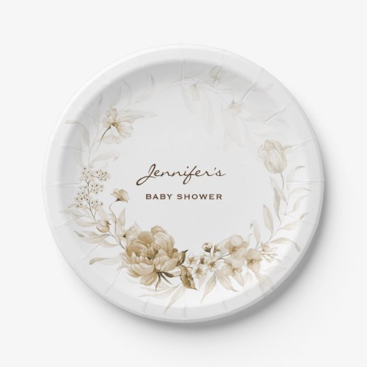 ベビーシャワーガーデン花模様7-inセピア ペーパープレート (正面)