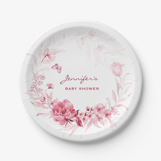 ベビーシャワーガーデン花模様7-inピンクフローラ ペーパープレート (正面)