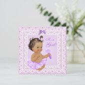 ベビーシャワーガールかわいらしラベンダーレースブルネット 招待状 (スタンド正面)