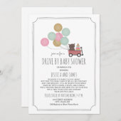 ベビーシャワーガールが運転するワゴンベアバルーン 招待状 (正面/裏面)