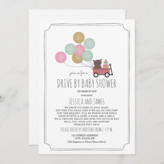 ベビーシャワーガールが運転するワゴンベアバルーン 招待状 (正面/裏面)