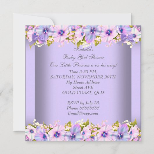 ベビーシャワーガールアフリカンアメリカンパープルプリンセス 招待状 (裏面)