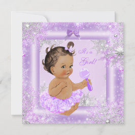 ベビーシャワーガールウィンターラベンダースノーフレークブルネット 招待状