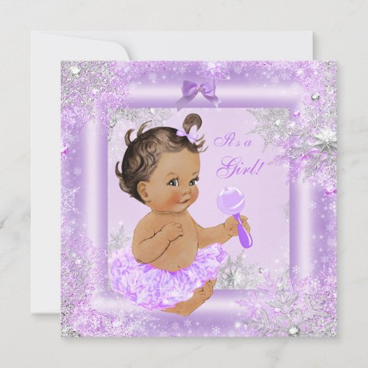 ベビーシャワーガールウィンターラベンダースノーフレークブルネット 招待状 (正面)