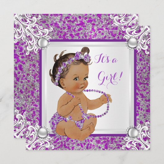 ベビーシャワーガールグリッターパープルシルバーレースブルネット 招待状 (正面/裏面)