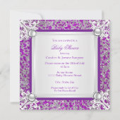 ベビーシャワーガールグリッターパープルシルバーレースブルネット 招待状 (裏面)