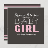 ベビーシャワーガールグレーピンククリーンモダン招待状 招待状 (正面/裏面)