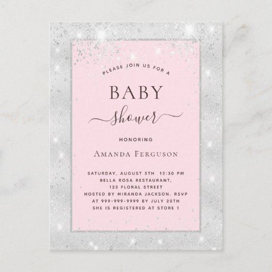 ベビーシャワーガールシルバー赤面ピンクグリッター インビテーションポストカード (正面)