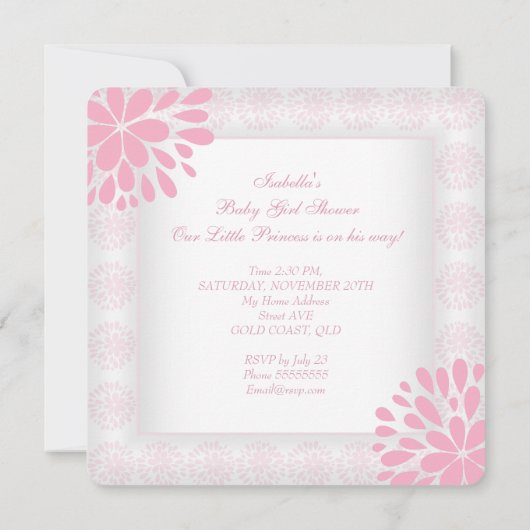 ベビーシャワーガールスウィートベビーピーチピンクホワイトベア 招待状 (裏面)