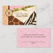 ベビーシャワーガールズピンクサファリプリントおむつラッフル エンクロージャーカード (正面/裏面)