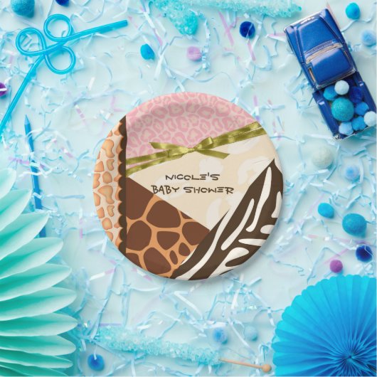 ベビーシャワーガールズピンクサファリプリントをテーマにしたプレート ペーパープレート (パーティー)