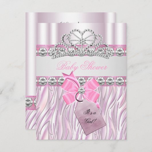 ベビーシャワーガールゼブラピンクプリンセスティアラダイヤモンド 招待状 (正面/裏面)