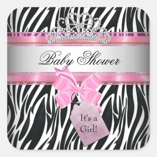 ベビーシャワーガールゼブラピンクプリンセスブラック スクエアシール (正面)